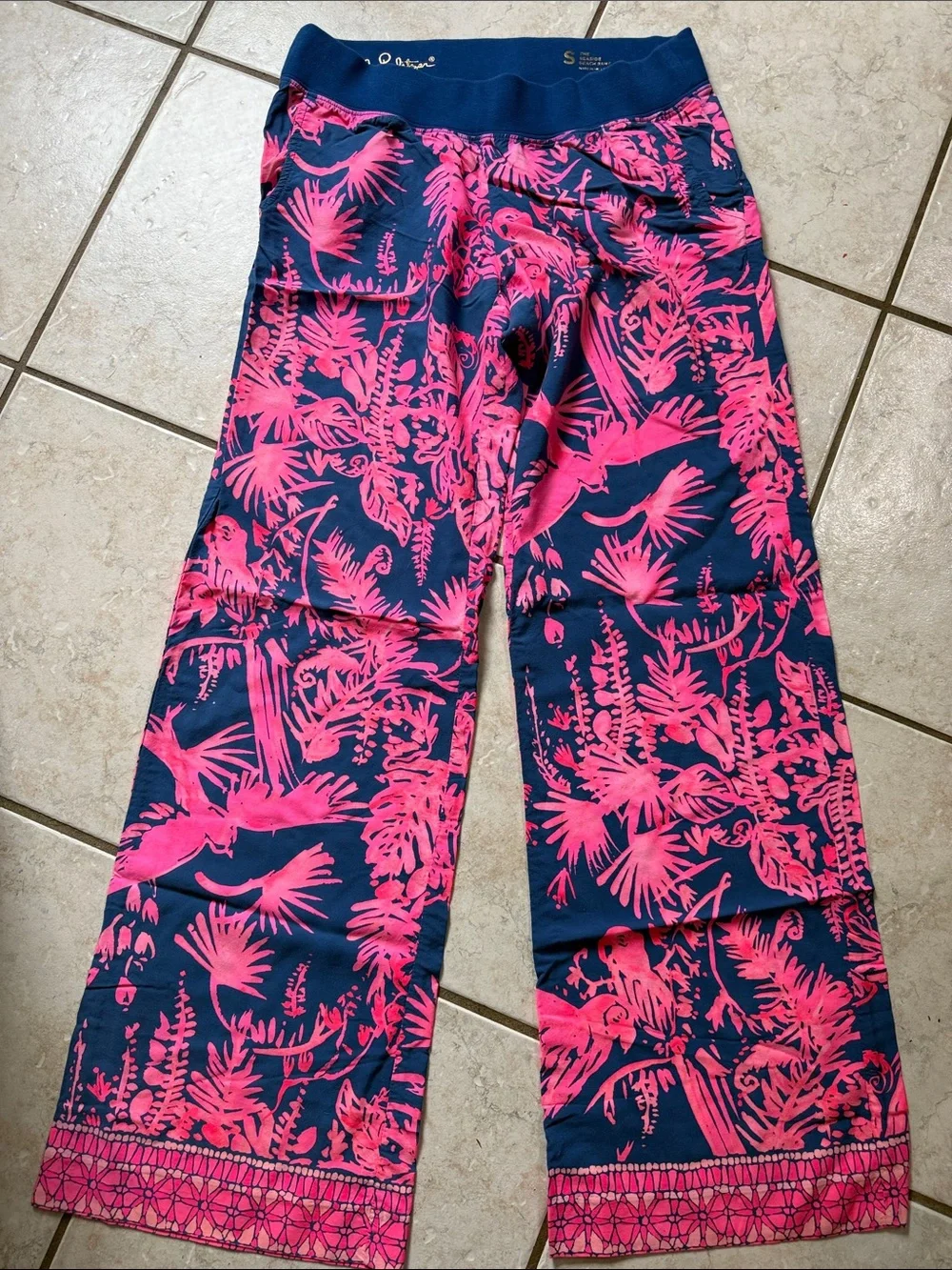 Tropical Wide Leg Lilly Pulitzer Navy and Bright Pink Lounge Beach Bottoms Small